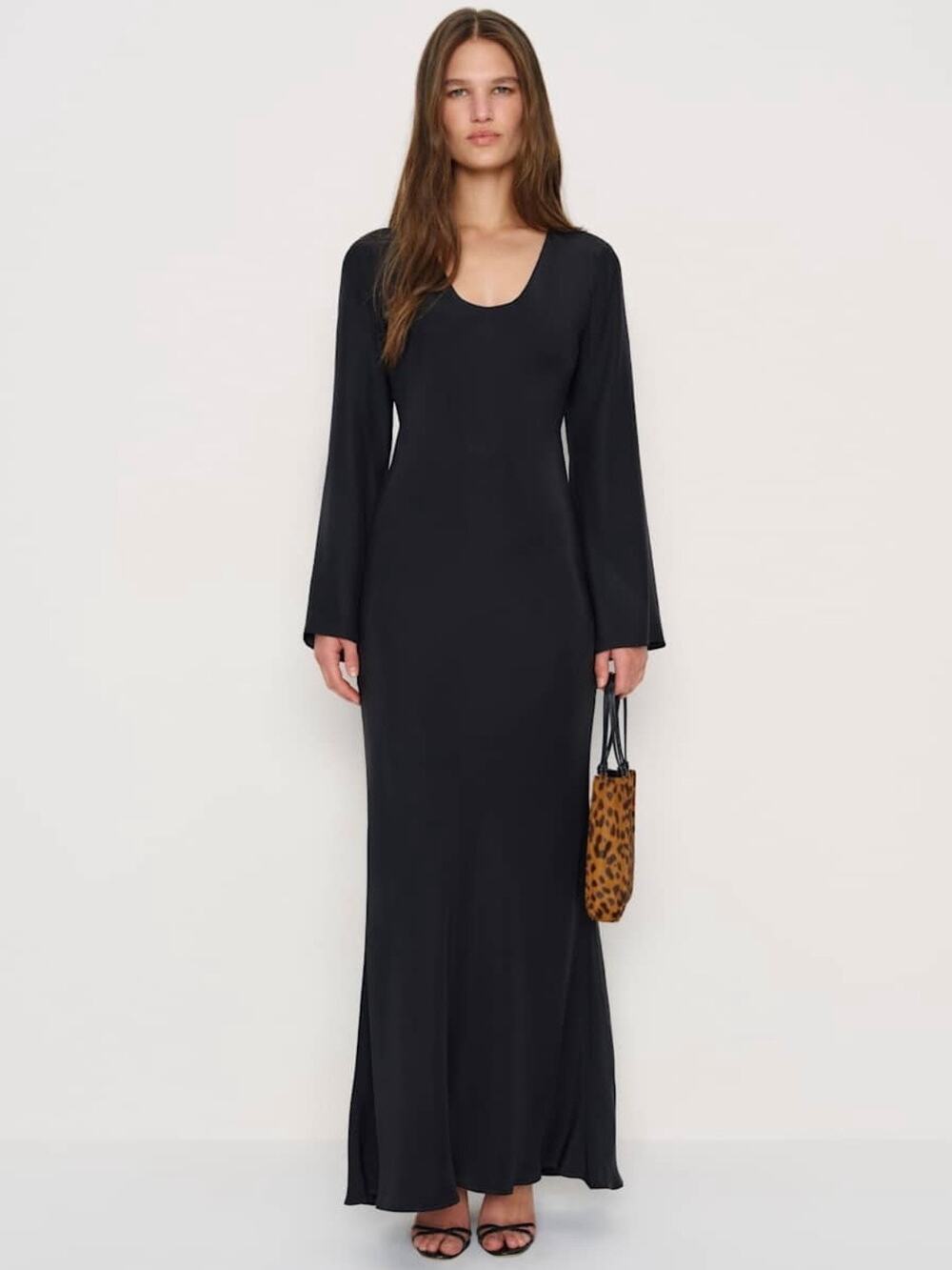 REFORMATION 100% Silk Vivia Maxi Dress Satin Long Bell Sleeve Flowy Witchy Black